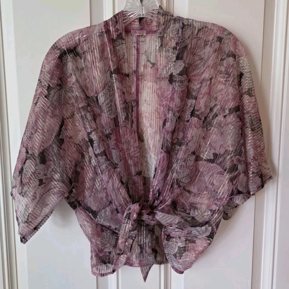 Y2K Sheer Floral Tie Front Shrug Top Pink Boho Fairy Grunge Mesh Bolero Size S/M